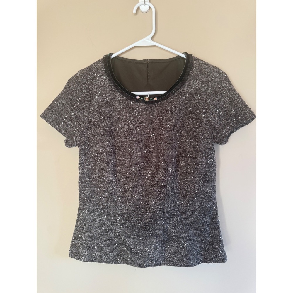 Vintage Green/Gray Tweed Metallic Short Sleeve Blouse Velvet Trim‎ Rhinestone 36